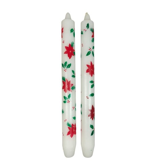Vintage Set of 2 Christmas White Taper Candles Red Poinsettia Green Holly 10" - Picture 1 of 4